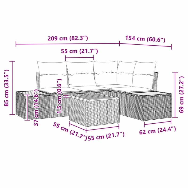 Sodo Sofų Rinkinys su pagalve 5 pcs Smėlio Poli ratanas