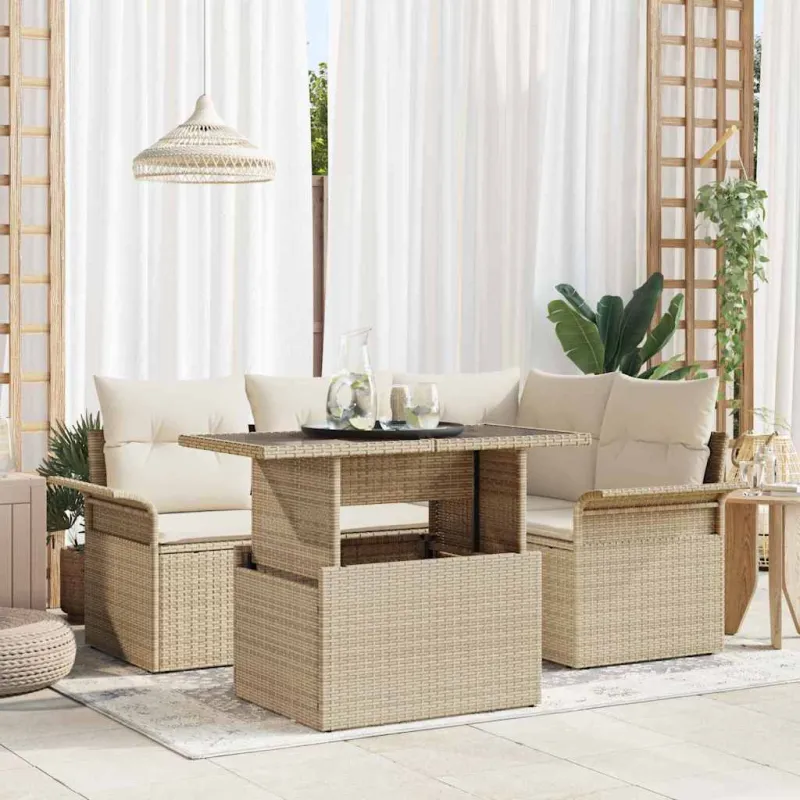 Sodo Sofų Rinkinys su pagalve 5 pcs Smėlio Poli ratanas