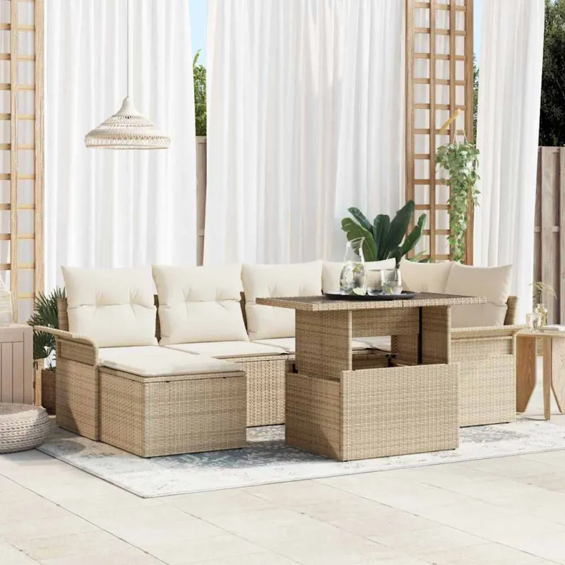 Sodo Sofų Rinkinys su pagalve 7 pcs Smėlio Poli ratanas