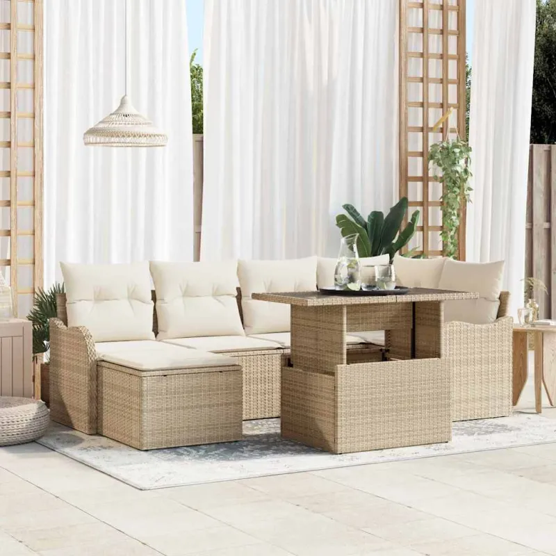 Sodo Sofų Rinkinys su pagalve 7 pcs Smėlio Poli ratanas