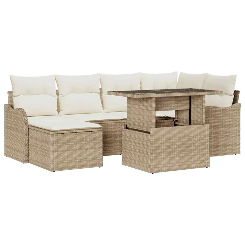 Sodo Sofų Rinkinys su pagalve 7 pcs Smėlio Poli ratanas