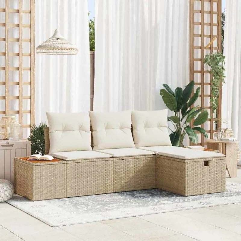 Sodo Sofų Rinkinys su pagalve 4 pcs Smėlio Poli ratanas