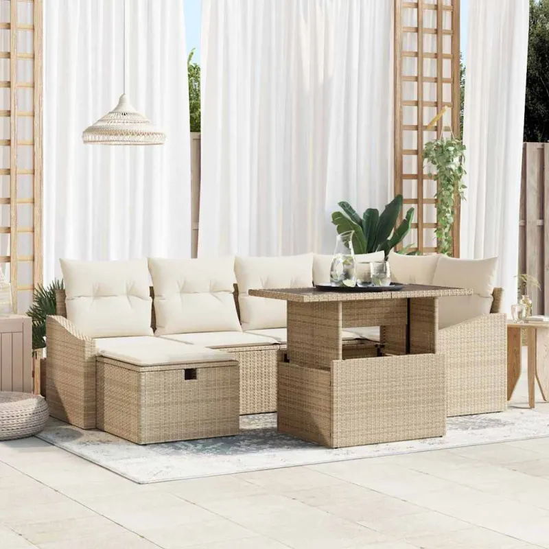 Sodo Sofų Rinkinys su pagalve 7 pcs Smėlio Poli ratanas