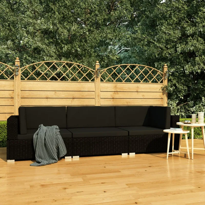Sodo sohvakompletti pehmusteilla, 3-osio, musta, rattan