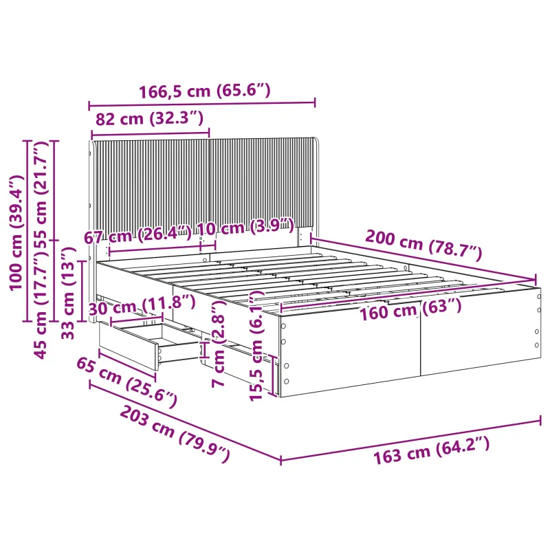Lovos rėmas su saugojimu ir nugara Dūminio ąžuolo 160 x 200 cm