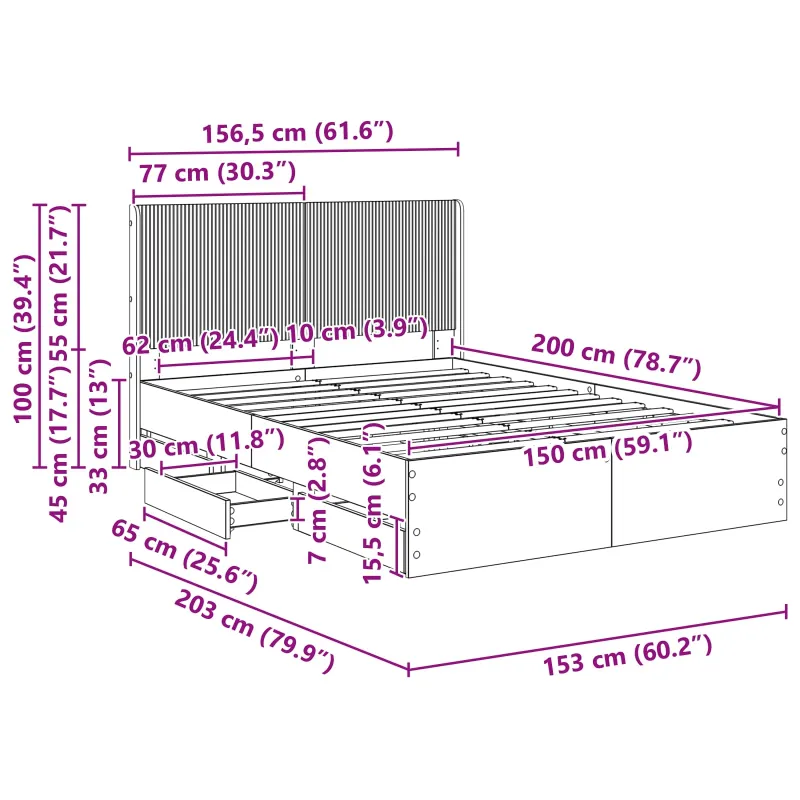 Lovos rėmas su saugojimu ir nugara Sonoma ąžuolas 150 x 200 cm