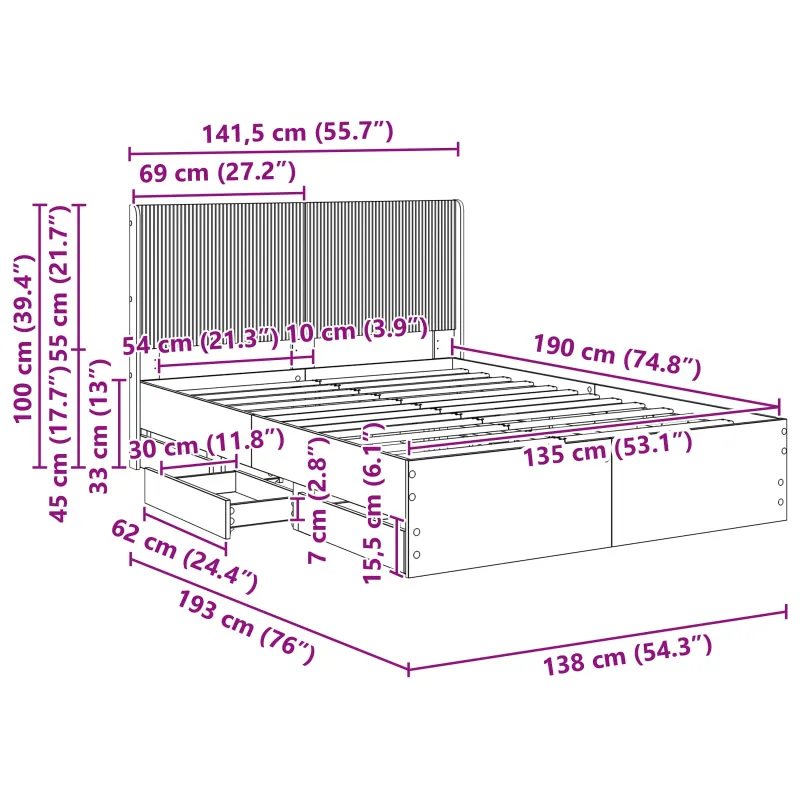 Lovos rėmas su saugojimu ir nugara Dūminio ąžuolo 135 x 190 cm