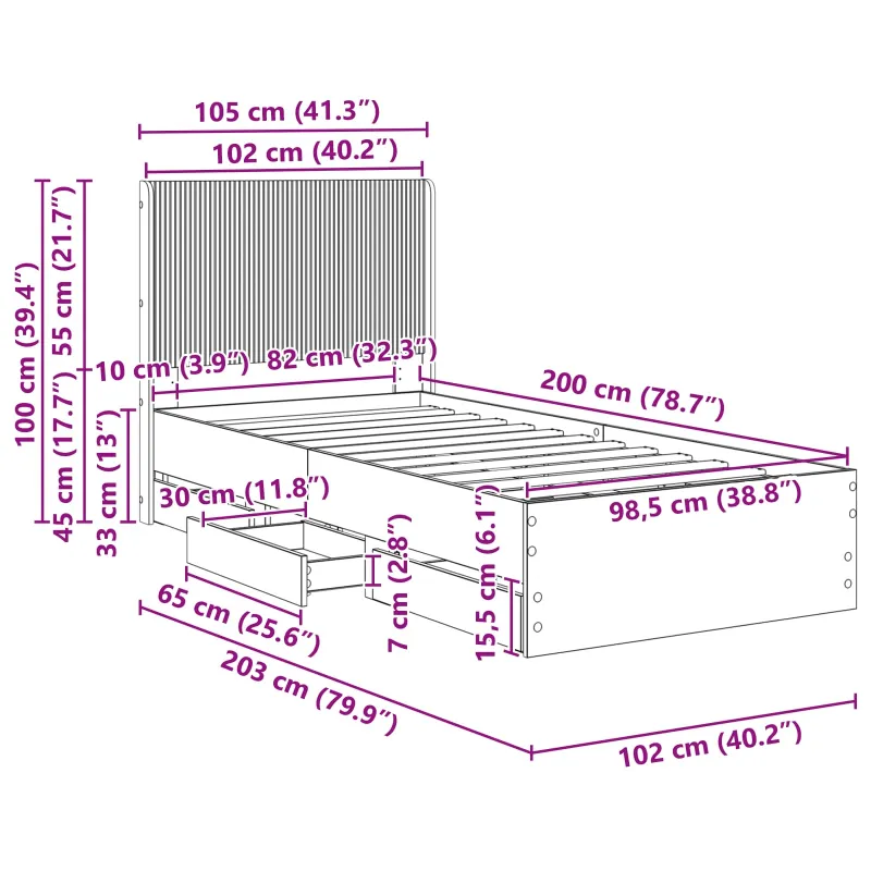 Lovos rėmas su saugojimu ir nugara Juoda 100 x 200 cm