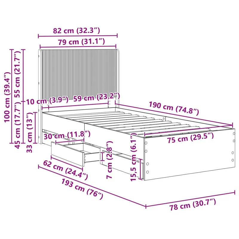 Lovos rėmas su saugojimu ir nugara su stalčių Balta 75 x 190 cm