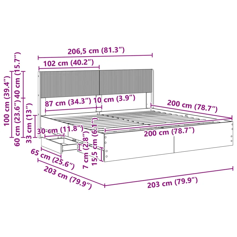 Lovos rėmas su saugojimu ir nugara Juoda 200 x 200 cm