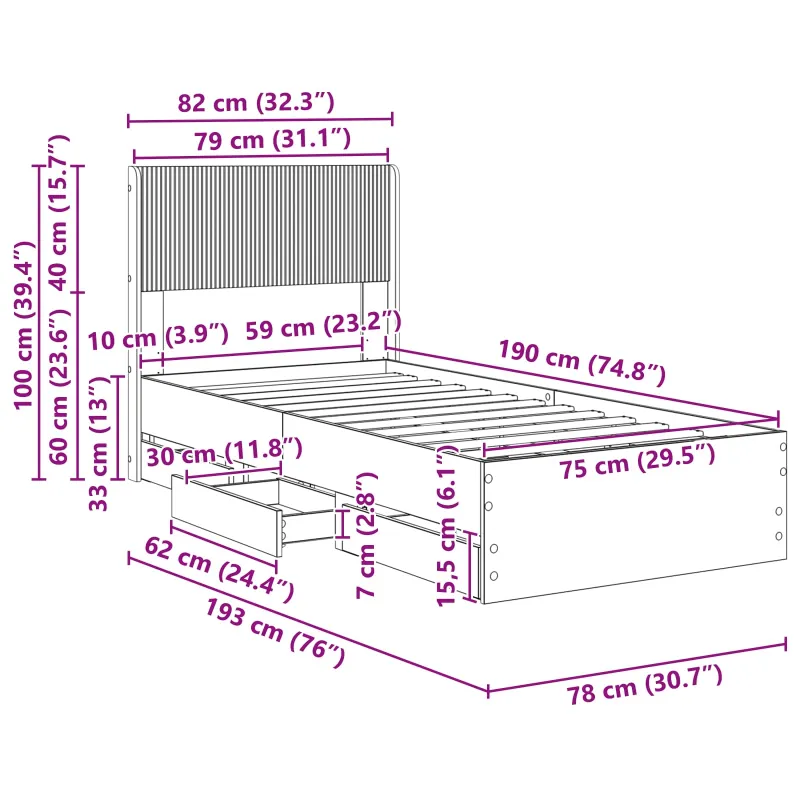 Lovos rėmas su saugojimu ir nugara Dūminio ąžuolo 75 x 190 cm