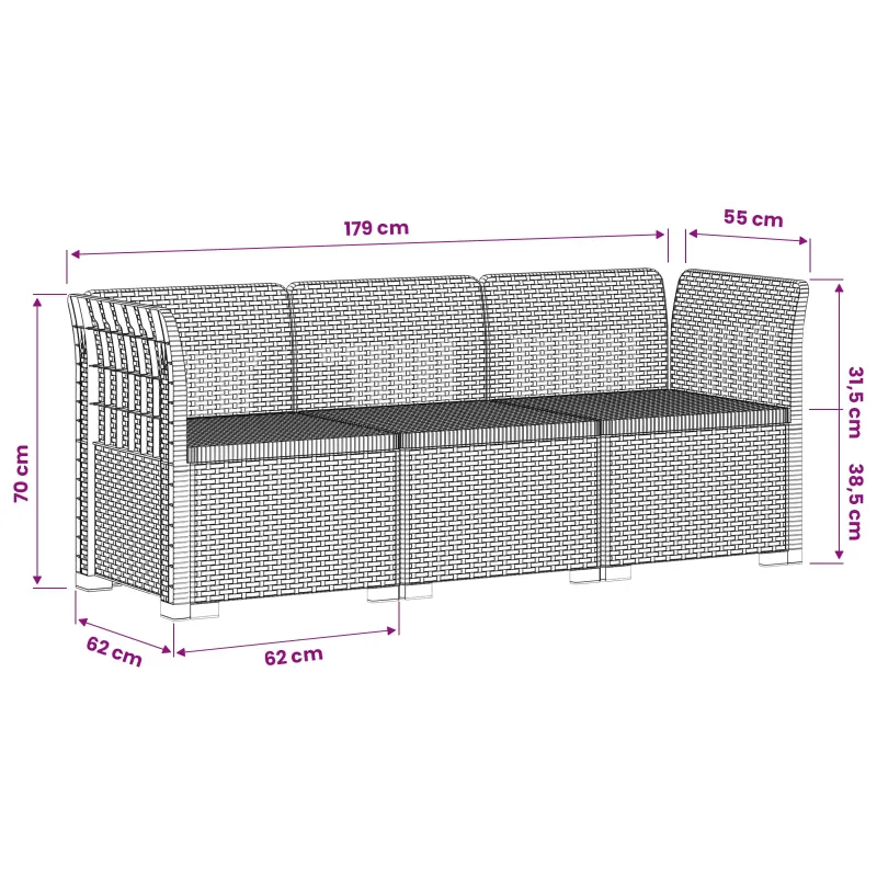 3- vietis Sodas Sofas Ratanas PP Balta