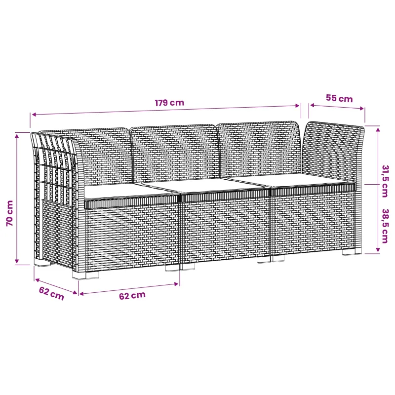 3-vietė sodo sofa su pagalvėlėmis, Rattan išvaizda PP Balta