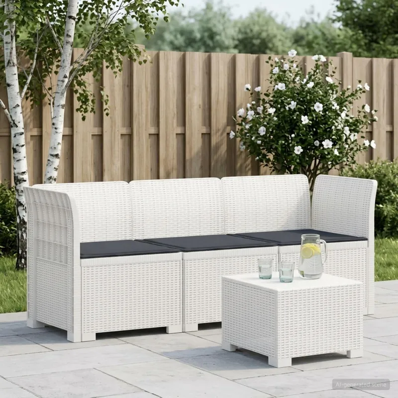 3-vietė sodo sofa su pagalvėlėmis, Rattan išvaizda PP Balta