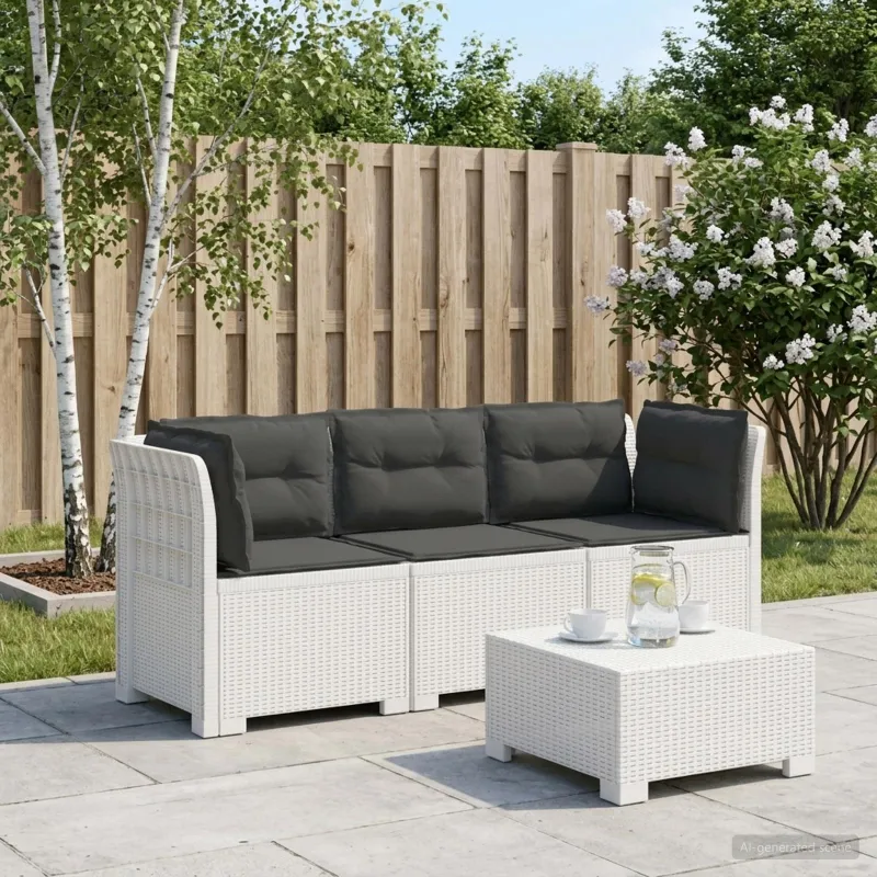 3-vietė sodo sofa su pagalvėlėmis, Rattan išvaizda PP Balta