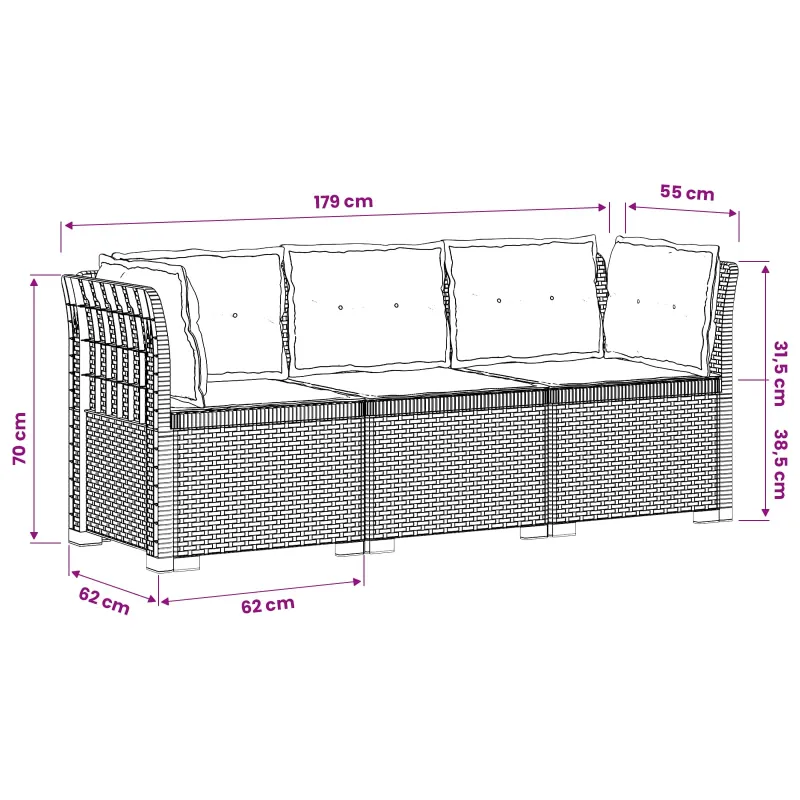 3-vietė sodo sofa su pagalvėlėmis, Rattan išvaizda PP Balta