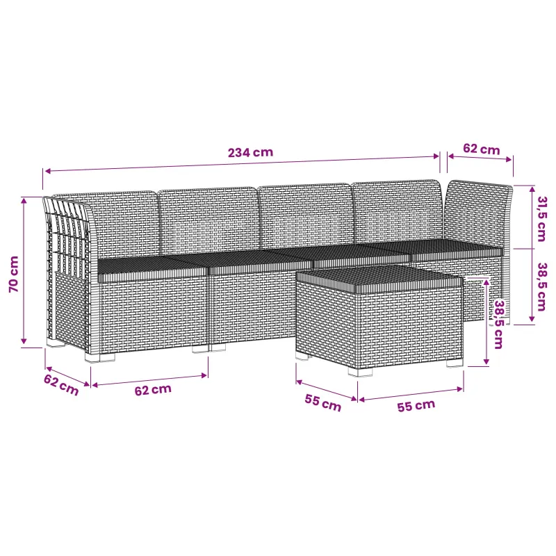 4 vietų sodo sofa pintinės išvaizdos PP Antracito