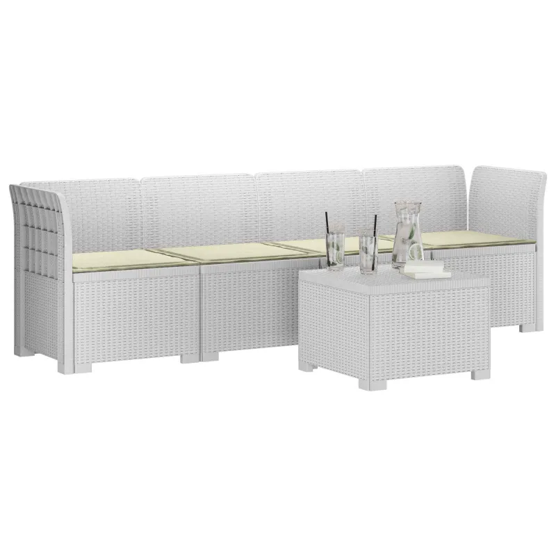 4 vietų sodo sofa su pagalvėmis pintinės išvaizdos PP Balta