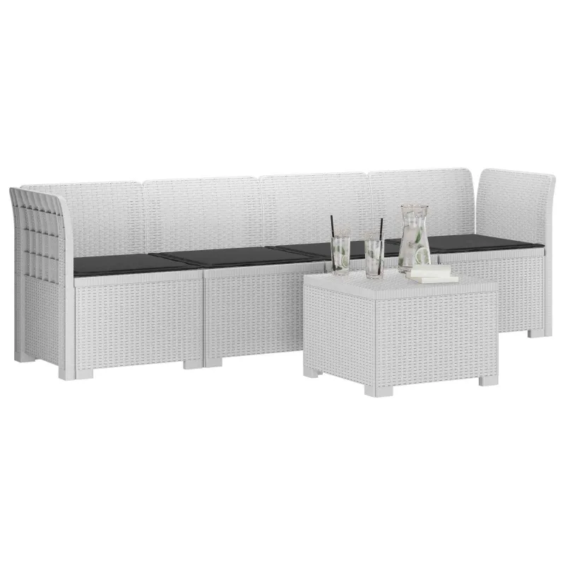 4 vietų sodo sofa su pagalvėmis pintinės išvaizdos PP Balta