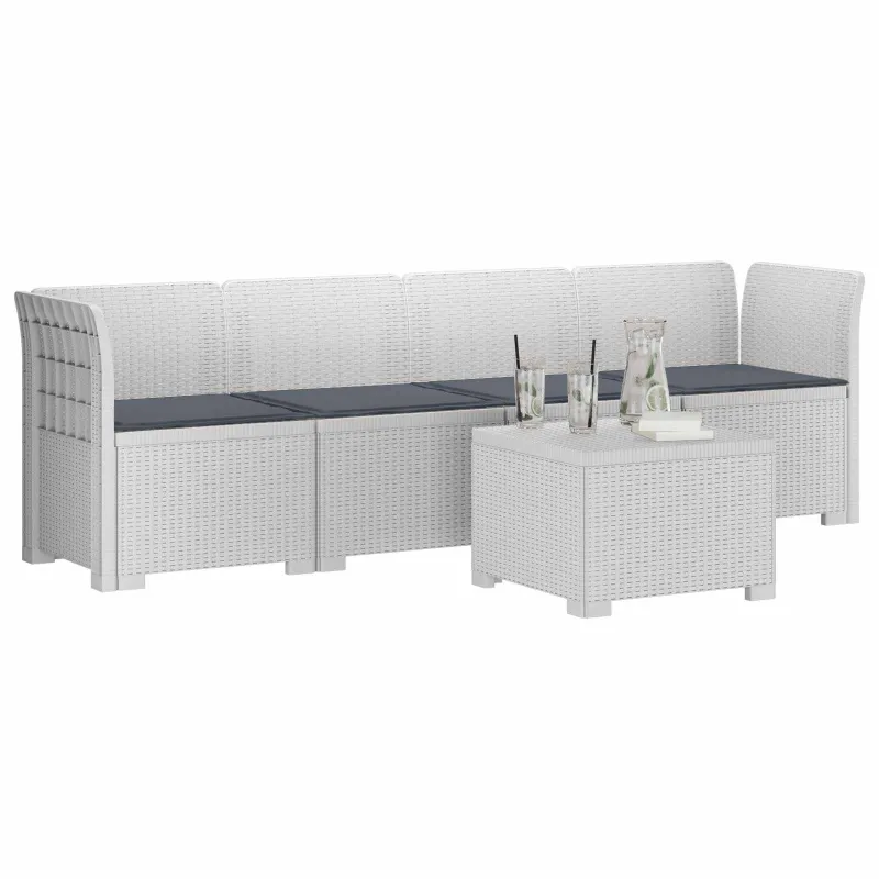 4 vietų sodo sofa su pagalvėmis pintinės išvaizdos PP Balta