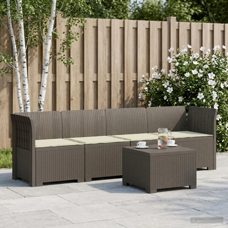 4 vietų sodo sofa su pagalvėmis pintinės išvaizdos PP