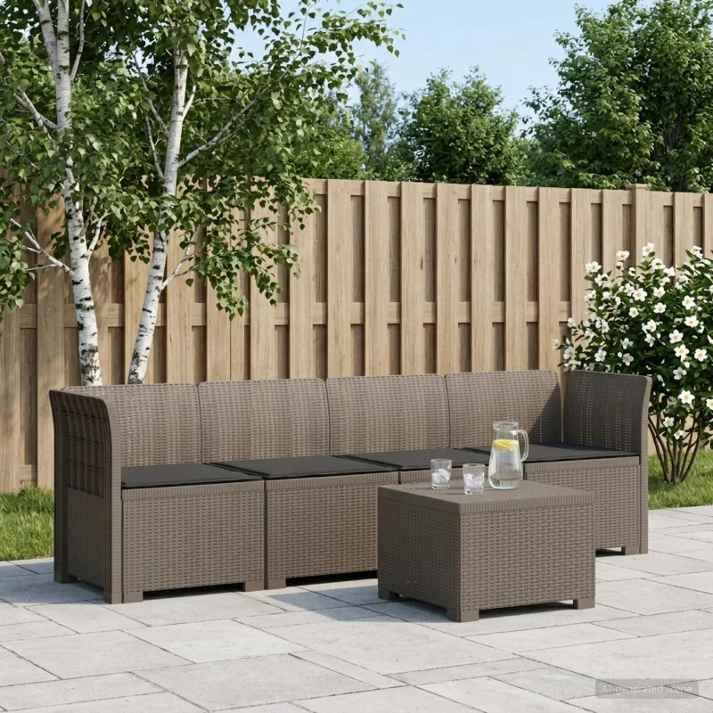 4 vietų sodo sofa su pagalvėmis pintinės išvaizdos PP