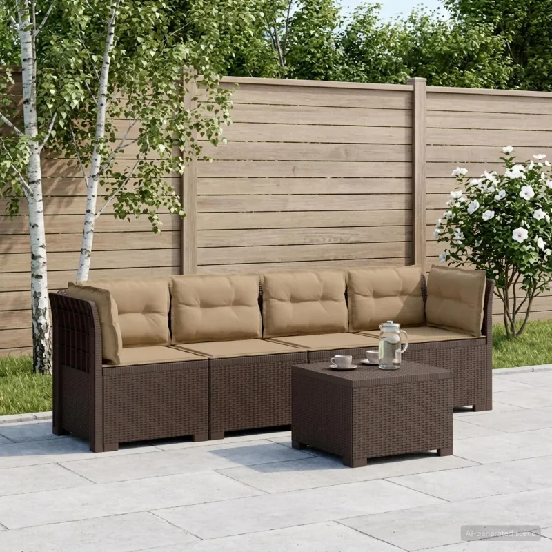 4 vietų sodo sofa su pagalvėmis pintinės išvaizdos PP Ruda