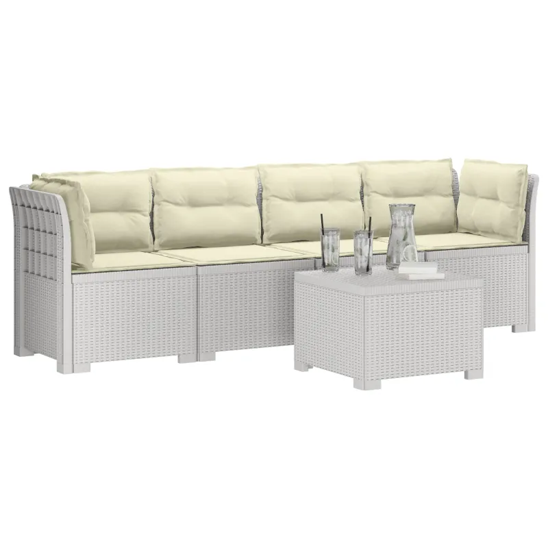 4 vietų sodo sofa su pagalvėmis pintinės išvaizdos PP Balta