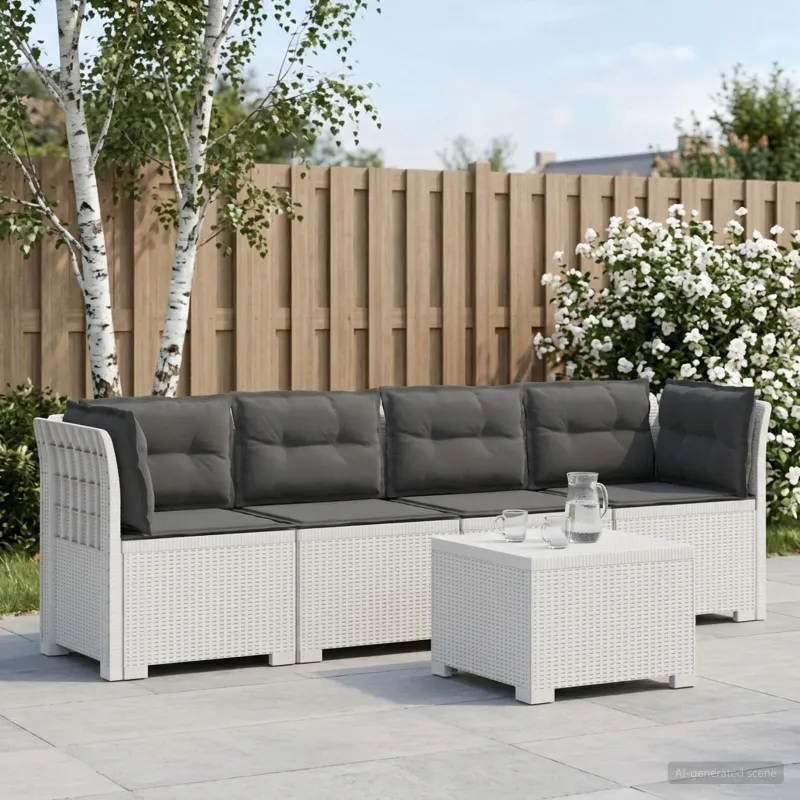 4 vietų sodo sofa su pagalvėmis pintinės išvaizdos PP Balta