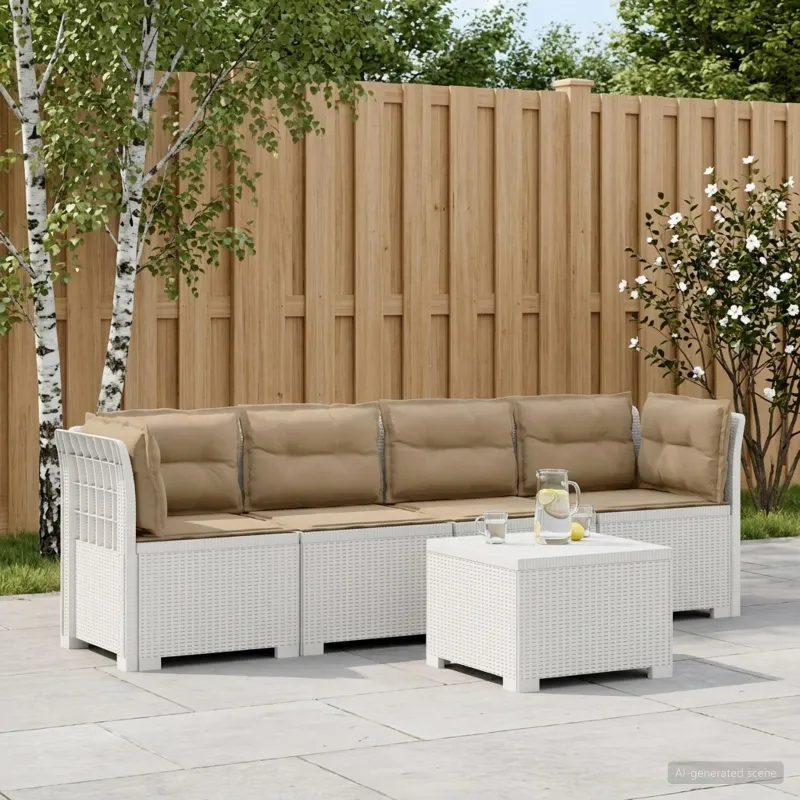 4 vietų sodo sofa su pagalvėmis pintinės išvaizdos PP Balta