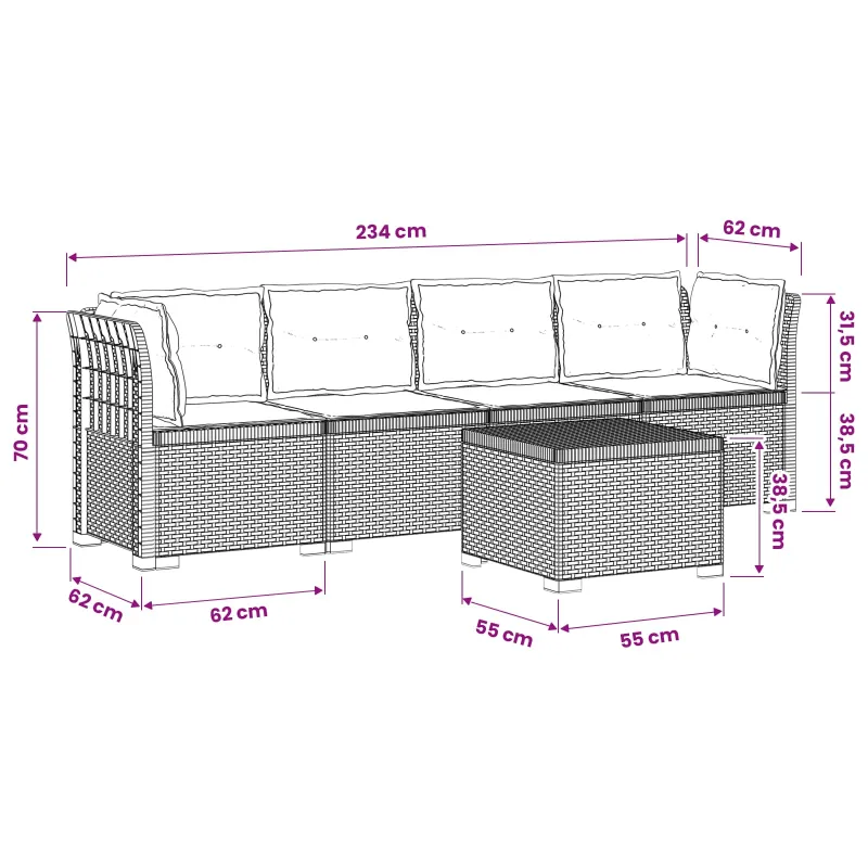 4 vietų sodo sofa su pagalvėmis pintinės išvaizdos PP Balta