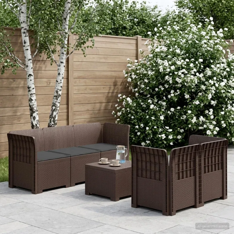 5-vietė sodo sofa su pagalvėlėmis Rataninio išvaizdos PP Ruda