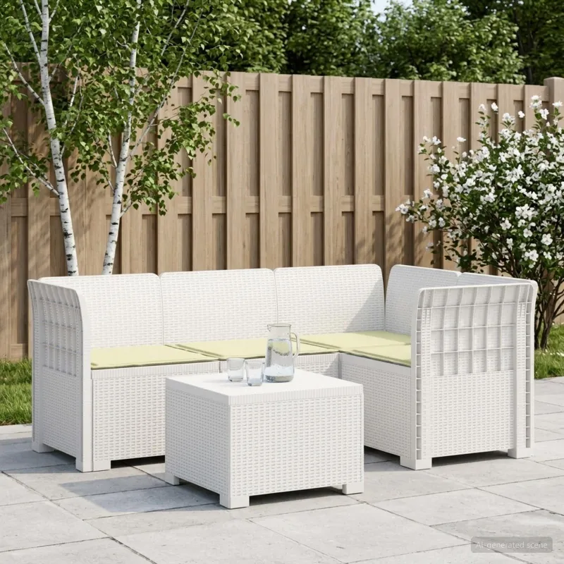 4 Vietų Sodo Sofa su Pagalvėlėmis Ratanų Imitacija PP Balta