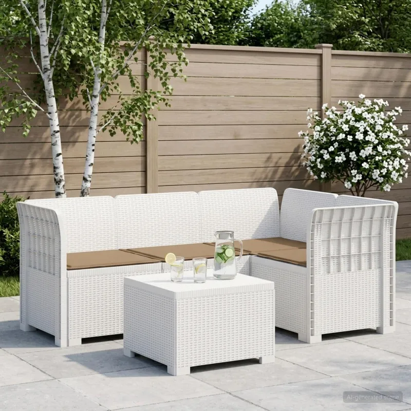 4 Vietų Sodo Sofa su Pagalvėlėmis Ratanų Imitacija PP Balta