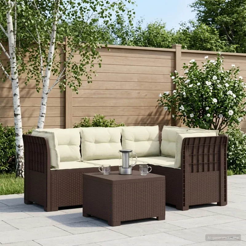 4 Vietų Sodo Sofa su Pagalvėlėmis Ratanų Imitacija PP Ruda