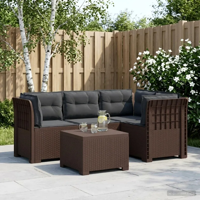 4 Vietų Sodo Sofa su Pagalvėlėmis Ratanų Imitacija PP Ruda