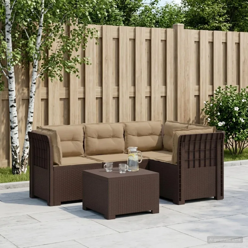 4 Vietų Sodo Sofa su Pagalvėlėmis Ratanų Imitacija PP Ruda