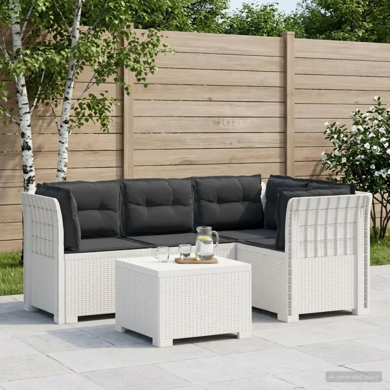 4 Vietų Sodo Sofa su Pagalvėlėmis Ratanų Imitacija PP Balta