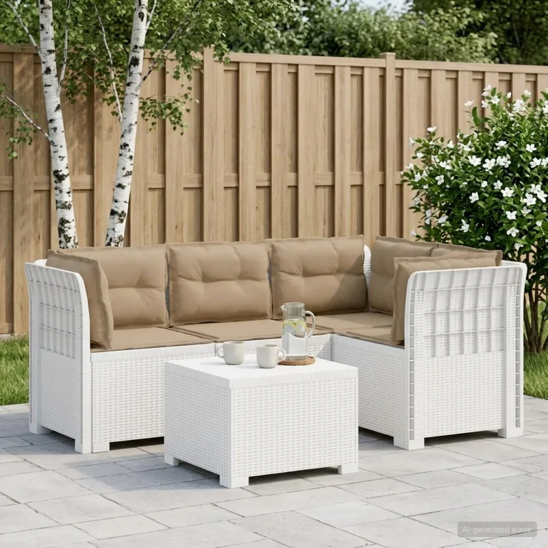 4 Vietų Sodo Sofa su Pagalvėlėmis Ratanų Imitacija PP Balta