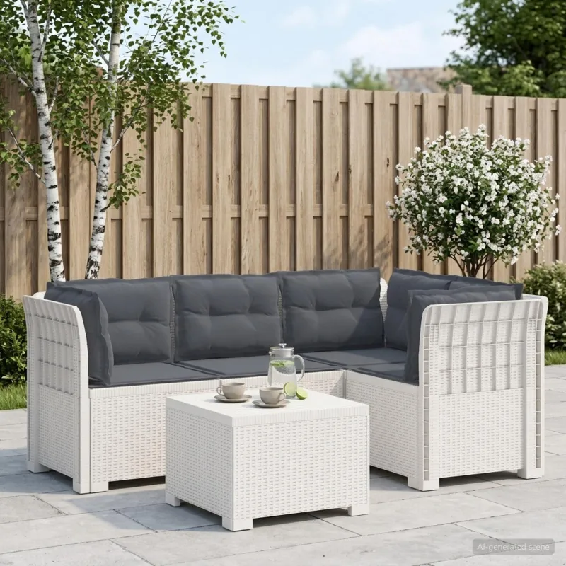 4 Vietų Sodo Sofa su Pagalvėlėmis Ratanų Imitacija PP Balta