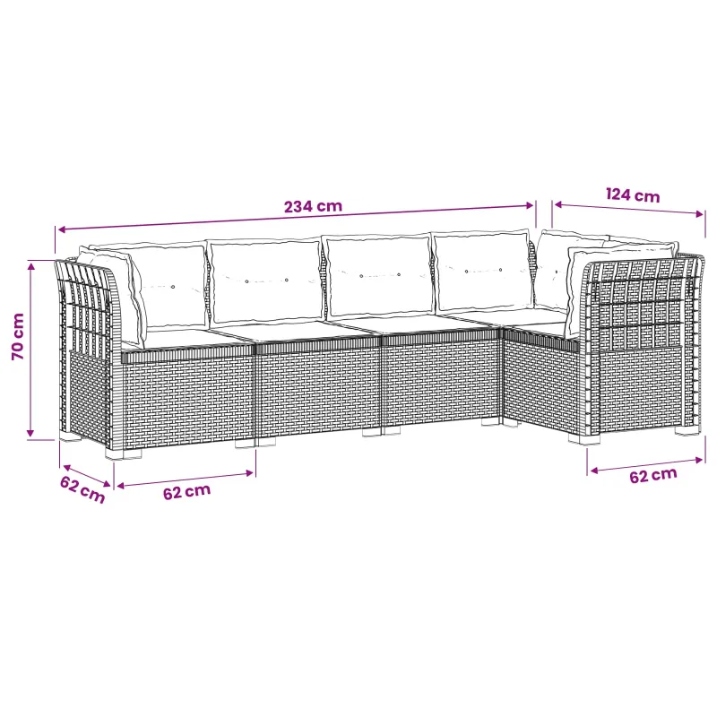5-vietė sodo sofa su pagalvėlėmis Rataninio išvaizdos PP Ruda