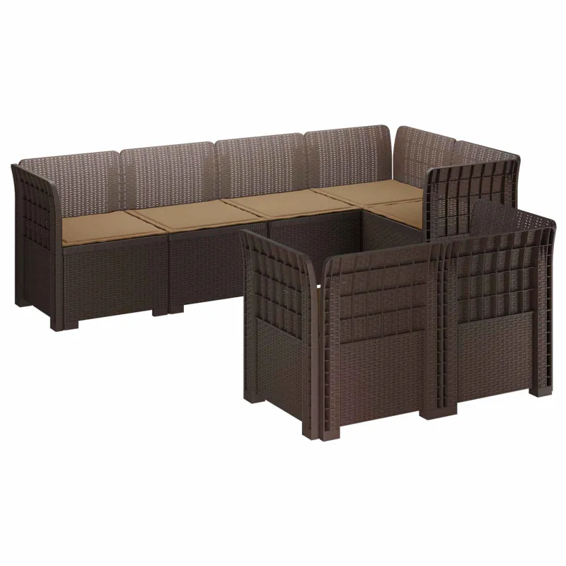 7-Vietis Sodo Sofa su Pagalvėlėmis Ratanas PP Ruda