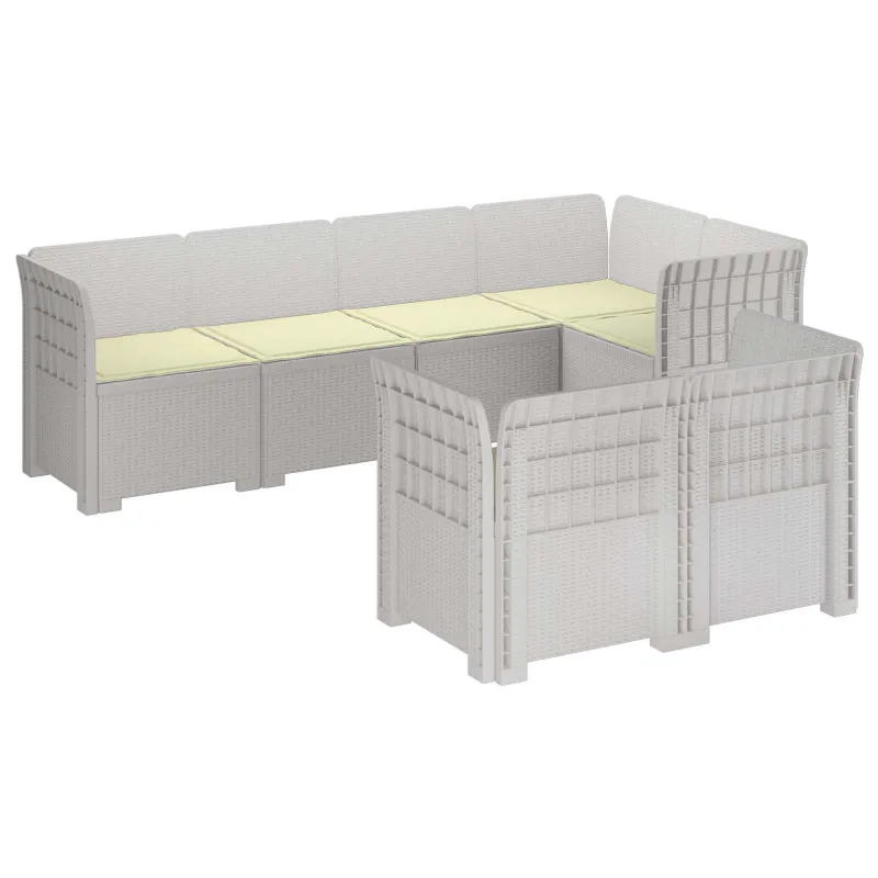 7-Vietis Sodo Sofa su Pagalvėlėmis Ratanas PP Balta