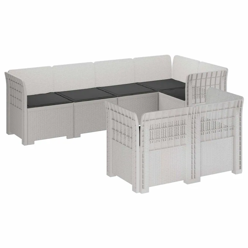 7-Vietis Sodo Sofa su Pagalvėlėmis Ratanas PP Balta