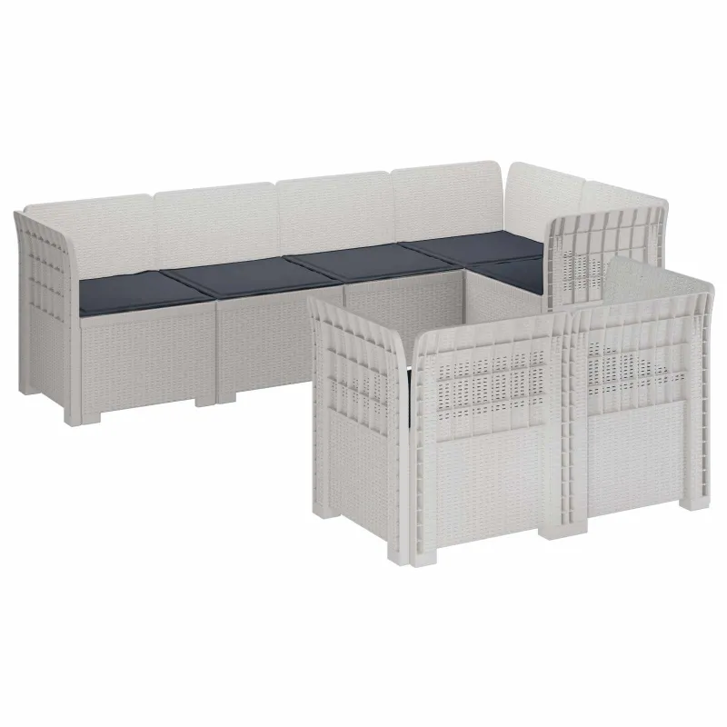 7-Vietis Sodo Sofa su Pagalvėlėmis Ratanas PP Balta