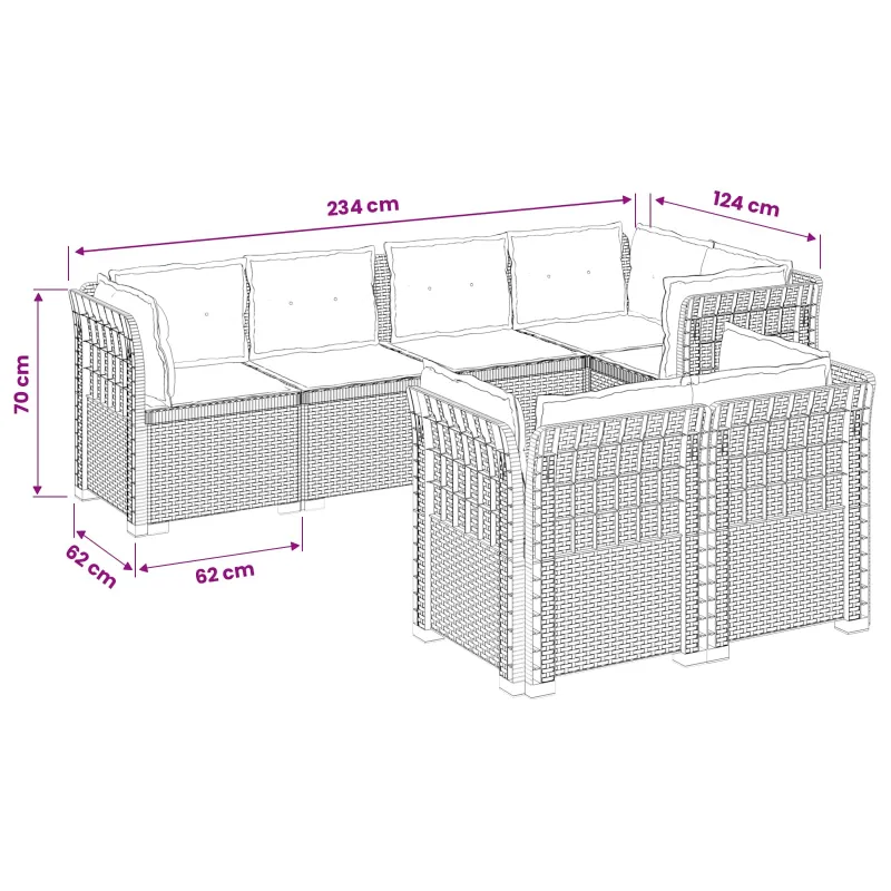 7-Vietis Sodo Sofa su Pagalvėlėmis Ratanas PP Balta