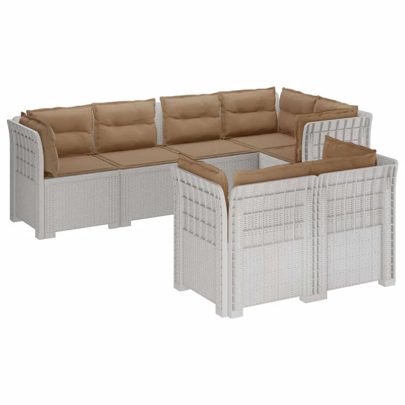 7-Vietis Sodo Sofa su Pagalvėlėmis Ratanas PP Balta