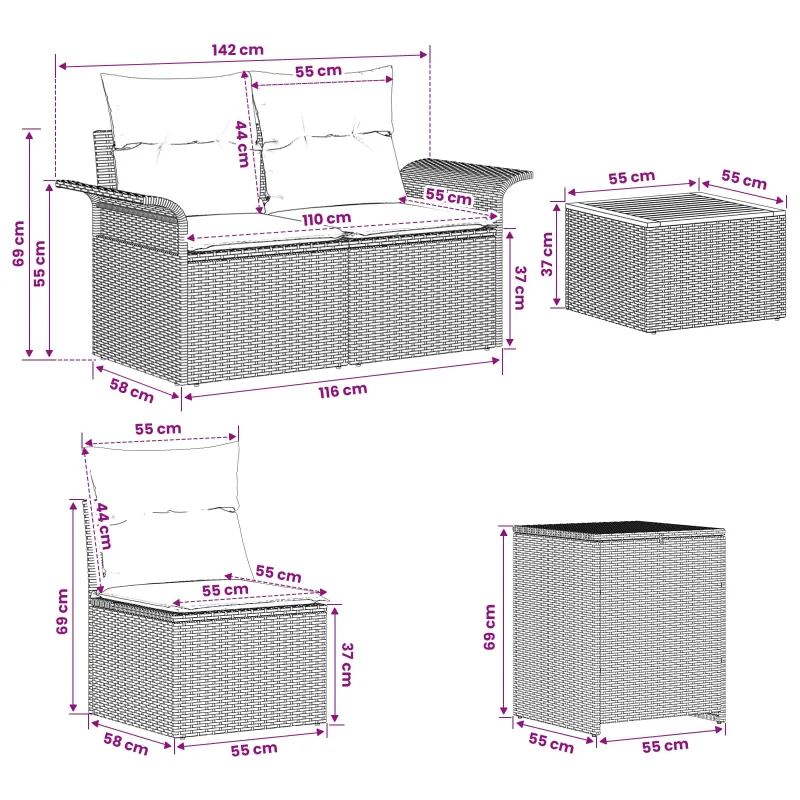 Sofos komplektas 6 pcs 4-Vietų skaičius Juoda ir mėlyna