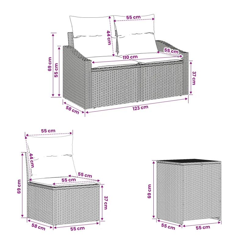 Sofos komplektas 7 pcs Juoda ir mėlyna Poli ratanas ir plienas
