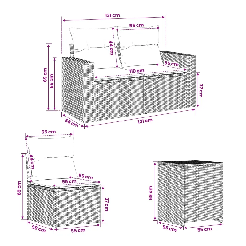 Sofos komplektas 7 pcs Juoda ir mėlyna Poli ratanas ir plienas